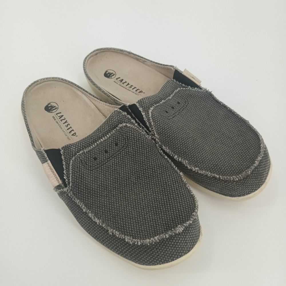 Lazystep Size 13 Mens Grey Canvas Slip On‎ Loafers Backless Frayed Comfort Shoes